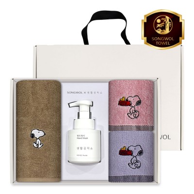 송월 생활공작소 4P 세트 (스누피 리버 타올1매+블럭블랙34 타올2매+핸드워시 250ml 1개)