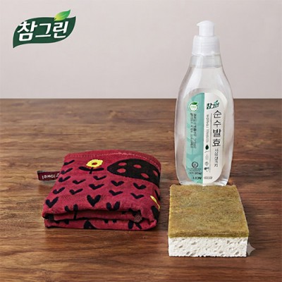 참그린 친환경 주방세제 친환경수세미 순면 캐릭터 주방타올 3종세트